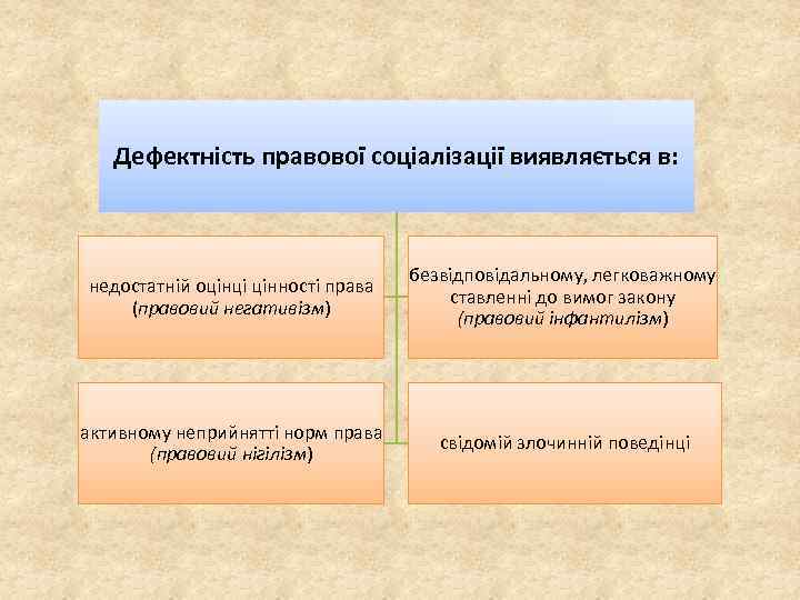 Дефектність правової соціалізації виявляється в: недостатній оцінці цінності права (правовий негативізм) безвідповідальному, легковажному ставленні