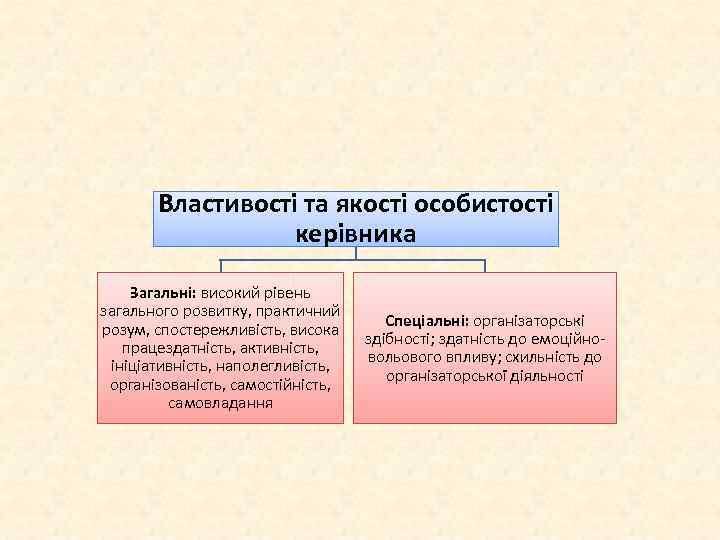 Властивості та якості особистості керівника Загальні: високий рівень загального розвитку, практичний розум, спостережливість, висока