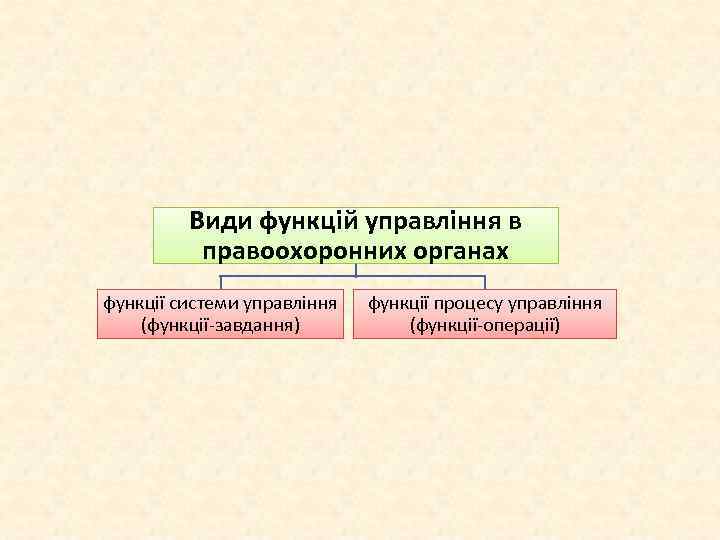 Види функцій управління в правоохоронних органах функції системи управління (функції-завдання) функції процесу управління (функції-операції)