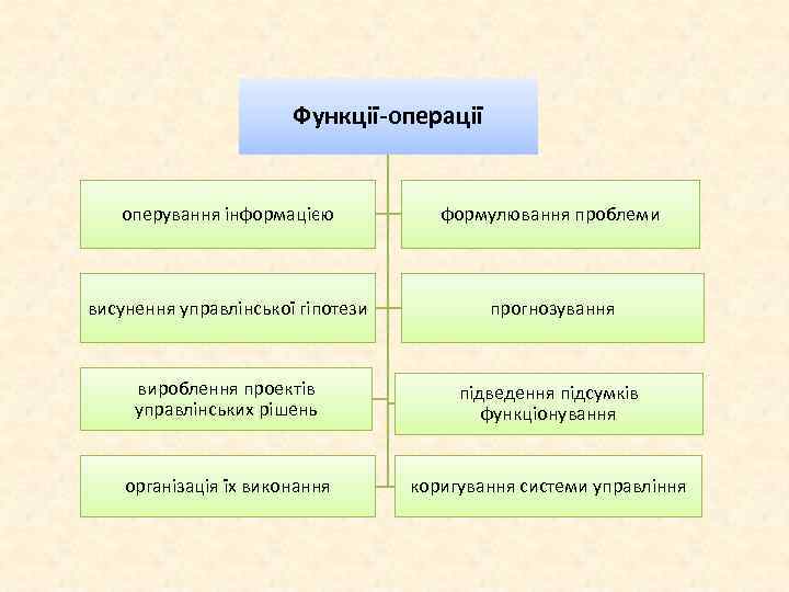 Функції-операції оперування інформацією формулювання проблеми висунення управлінської гіпотези прогнозування вироблення проектів управлінських рішень підведення