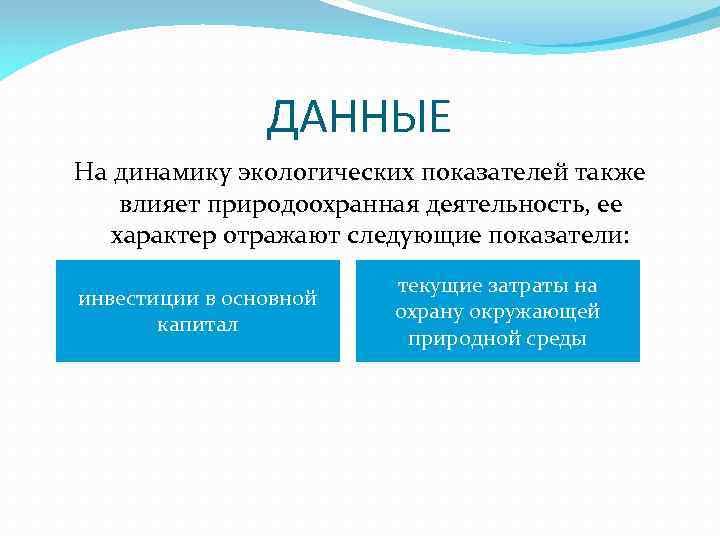ДАННЫЕ На динамику экологических показателей также влияет природоохранная деятельность, ее характер отражают следующие показатели: