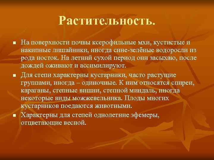 Растительность. n n n На поверхности почвы ксерофильные мхи, кустистые и накипные лишайники, иногда