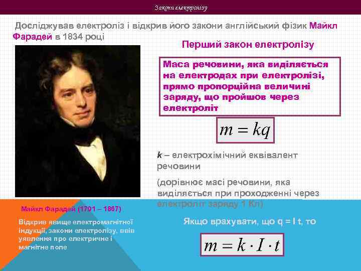 Закони електролізу Досліджував електроліз і відкрив його закони англійський фізик Майкл Фарадей в 1834