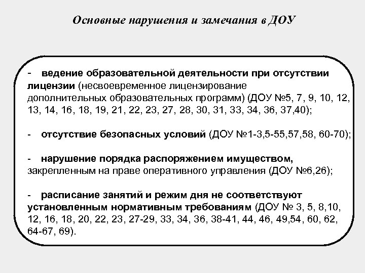 Основные нарушения и замечания в ДОУ - ведение образовательной деятельности при отсутствии лицензии (несвоевременное