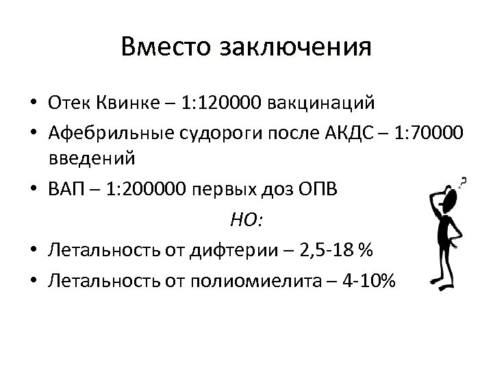 Вместо заключения • Отек Квинке – 1: 120000 вакцинаций • Афебрильные судороги после АКДС