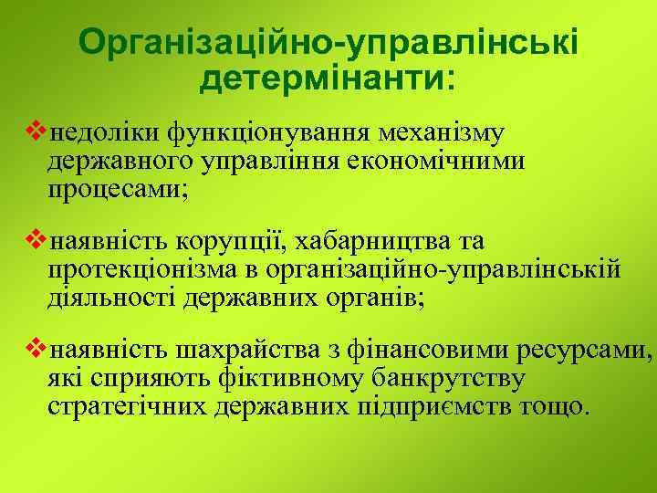 Організаційно-управлінські детермінанти: vнедоліки функціонування механізму державного управління економічними процесами; vнаявність корупції, хабарництва та протекціонізма