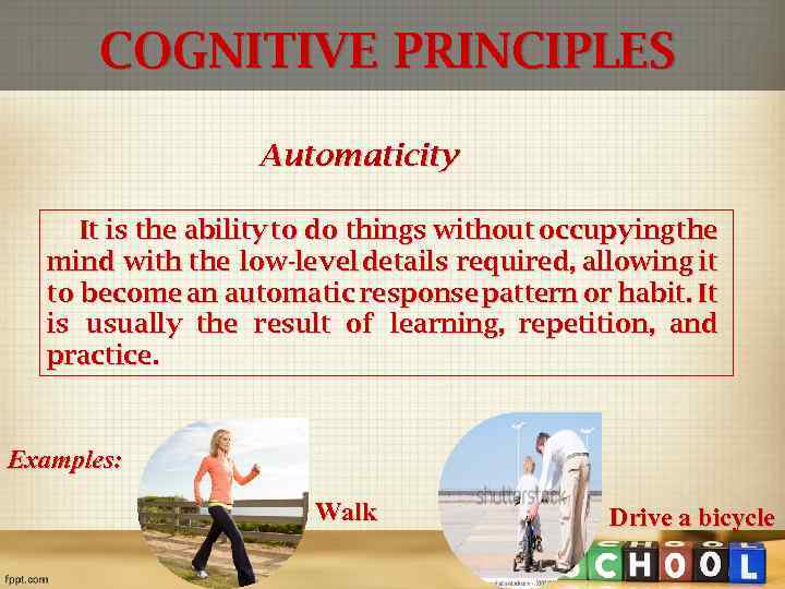 COGNITIVE PRINCIPLES Automaticity It is the ability to do things without occupyingthe mind with
