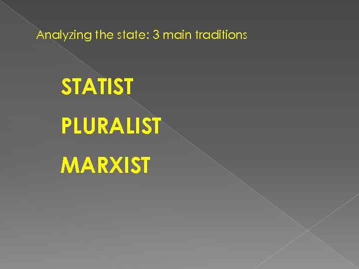 Analyzing the state: 3 main traditions STATIST PLURALIST MARXIST 
