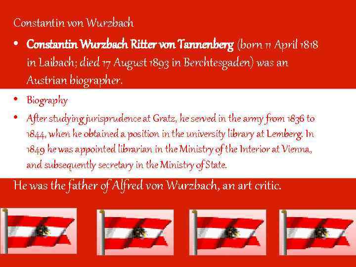 Constantin von Wurzbach • Constantin Wurzbach Ritter von Tannenberg (born 11 April 1818 in