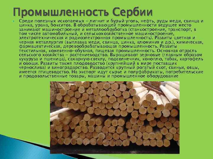 Промышленность Сербии Среди полезных ископаемых - лигнит и бурый уголь, нефть, руды меди, свинца