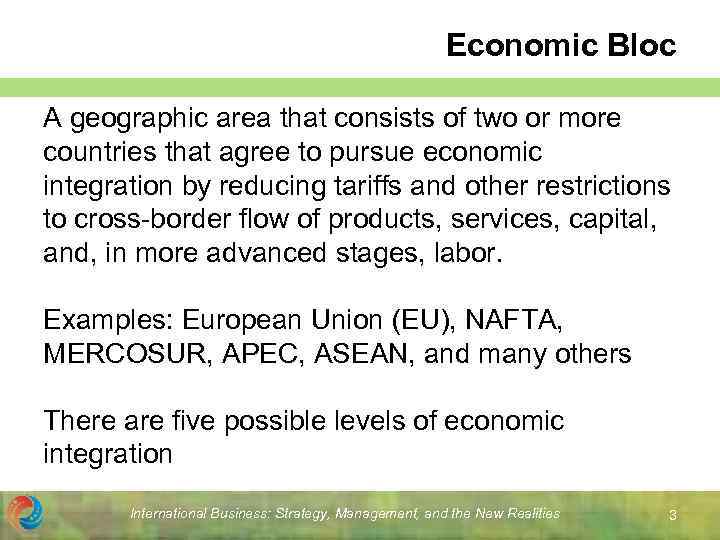 Economic Bloc A geographic area that consists of two or more countries that agree