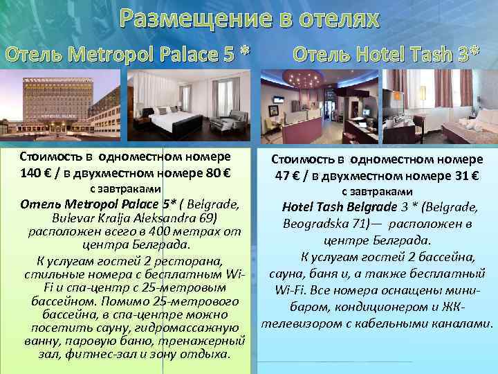 Размещение в отелях Отель Metropol Palace 5 * Отель Hotel Tash 3* Стоимость в