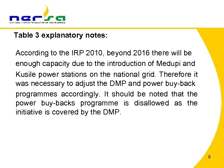 Table 3 explanatory notes: According to the IRP 2010, beyond 2016 there will be