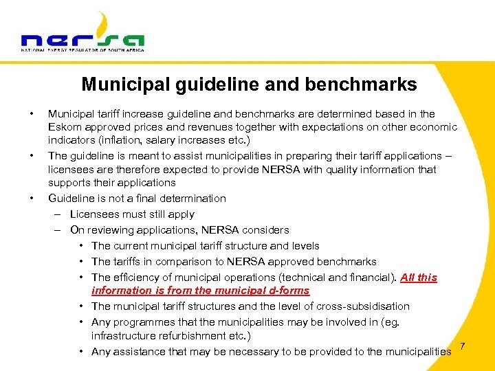 Municipal guideline and benchmarks • • • Municipal tariff increase guideline and benchmarks are