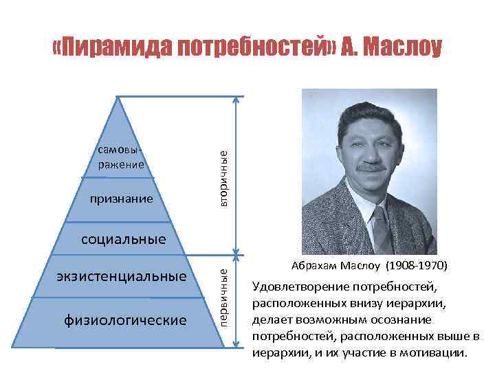 самовыражение признание вторичные «Пирамида потребностей» А. Маслоу экзистенциальные физиологические первичные социальные Абрахам Маслоу (1908