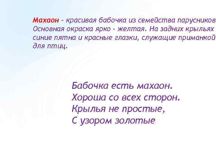 Махаон – красивая бабочка из семейства парусников. Основная окраска ярко – желтая. На задних