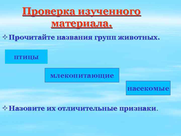 Проверка изученного материала. ² Прочитайте названия групп животных. птицы млекопитающие насекомые ² Назовите их