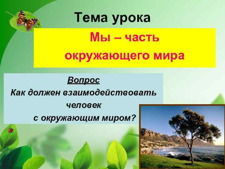 Тема урока Мы – часть окружающего мира Вопрос Как должен взаимодействовать человек с окружающим