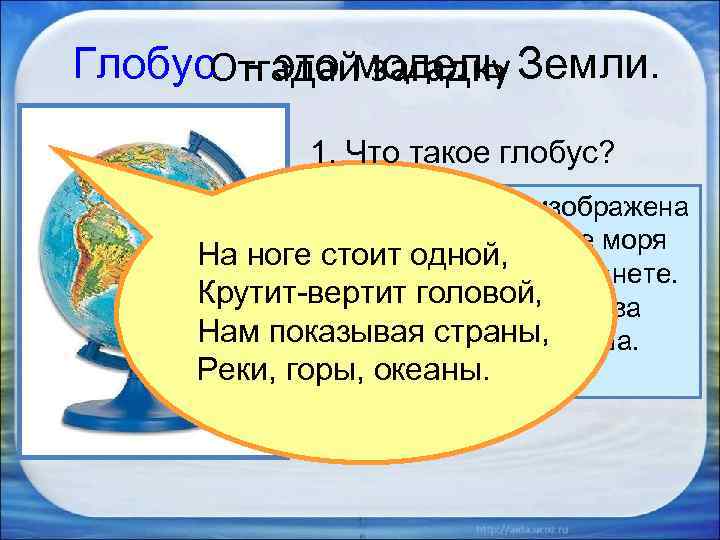 Глобус. Отгадаймодель Земли. - это загадку 1. Что такое глобус? Голубой краской изображена 2.