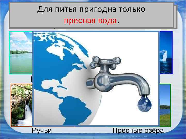Для питьявода на Земле Вся ли пригодна только пресная вода. пригодна для питья? Реки