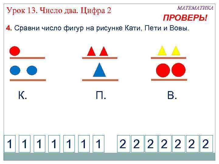 Урок 13. Число два. Цифра 2 МАТЕМАТИКА ПРОВЕРЬ! 4. Сравни число фигур на рисунке