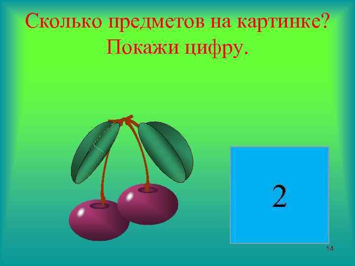 Сколько предметов на картинке? Покажи цифру. 2 14 