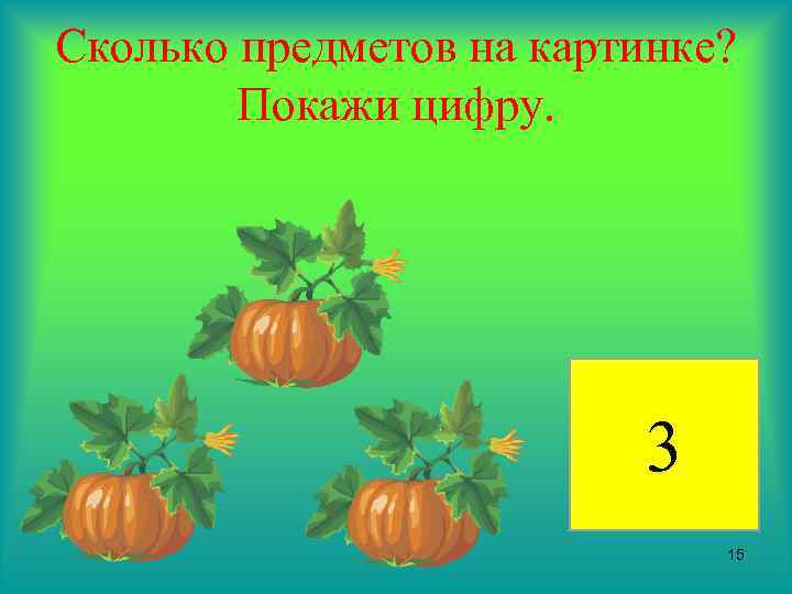 Сколько предметов на картинке? Покажи цифру. 3 15 