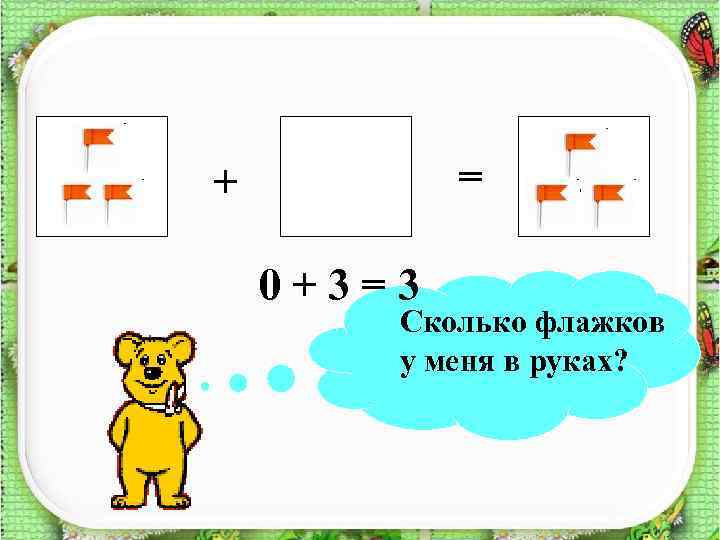 = + 0+3=3 ? Сколько флажков у меня в руках? 