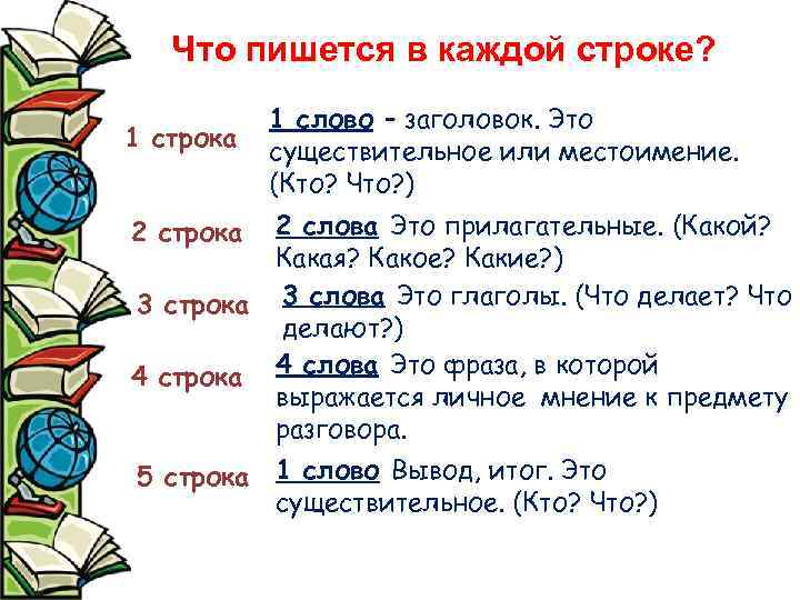 Что пишется в каждой строке? 1 строка 1 слово – заголовок. Это существительное или