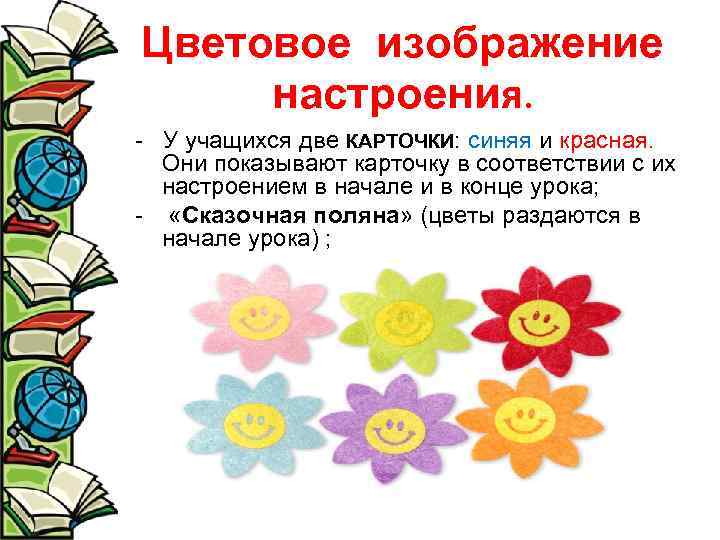 Цветовое изображение настроения. - У учащихся две КАРТОЧКИ: синяя и красная. Они показывают карточку