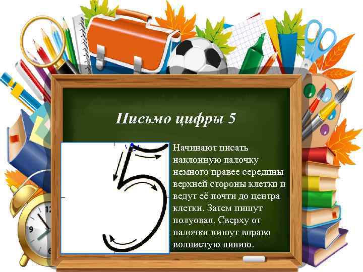 Письмо цифры 5 Начинают писать наклонную палочку немного правее середины верхней стороны клетки и