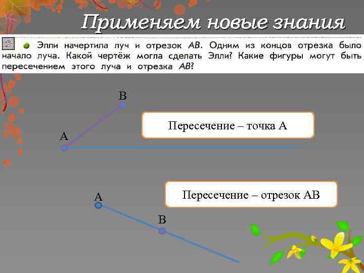 Применяем новые знания В Пересечение – точка А А Пересечение – отрезок АВ А
