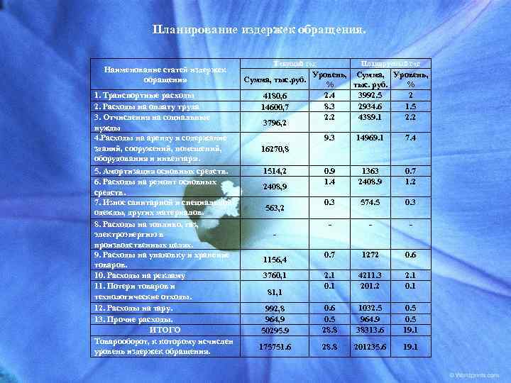 Планирование издержек обращения. Наименование статей издержек обращения 1. Транспортные расходы 2. Расходы на оплату