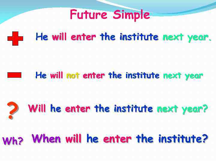 Future Simple He will enter the institute next year. He will not enter the