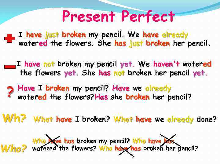 Present Perfect I have just broken my pencil. We have already watered the flowers.