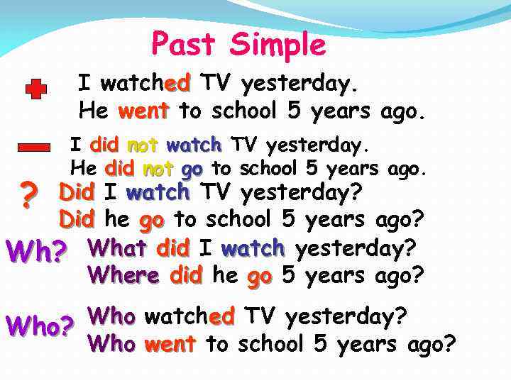 Past Simple I watched TV yesterday. He went to school 5 years ago. ?