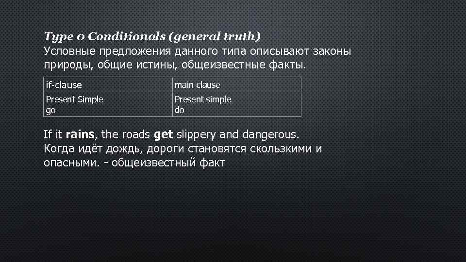 Type 0 Conditionals (general truth) Условные предложения данного типа описывают законы природы, общие истины,