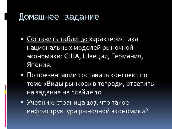 Домашнее задание Составить таблицу: характеристика национальных моделей рыночной экономики: США, Швеция, Германия, Япония. По
