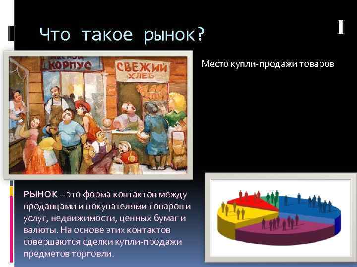 Что такое рынок? Место купли-продажи товаров РЫНОК – это форма контактов между продавцами и