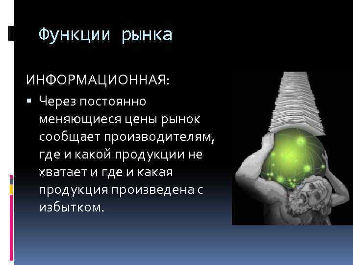 Функции рынка ИНФОРМАЦИОННАЯ: Через постоянно меняющиеся цены рынок сообщает производителям, где и какой продукции