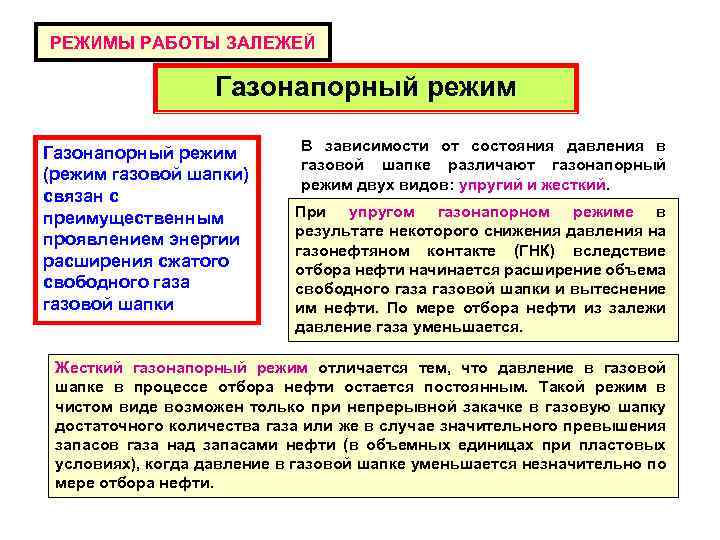 РЕЖИМЫ РАБОТЫ ЗАЛЕЖЕЙ Газонапорный режим (режим газовой шапки) связан с преимущественным проявлением энергии расширения