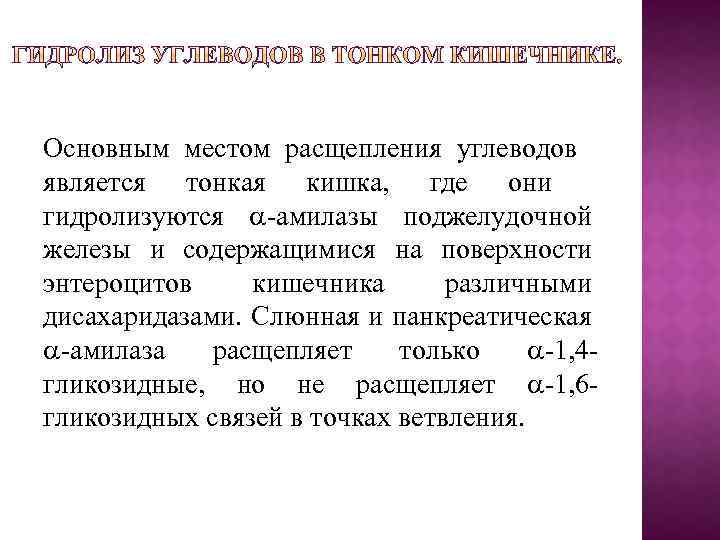 Основным местом расщепления углеводов является тонкая кишка, где они гидролизуются -амилазы поджелудочной железы и