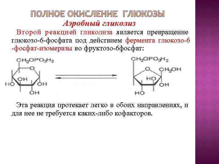 Аэробный гликолиз Второй реакцией гликолиза является превращение глюкозо-6 -фосфата под действием фермента глюкозо-6 -фосфат-изомеразы
