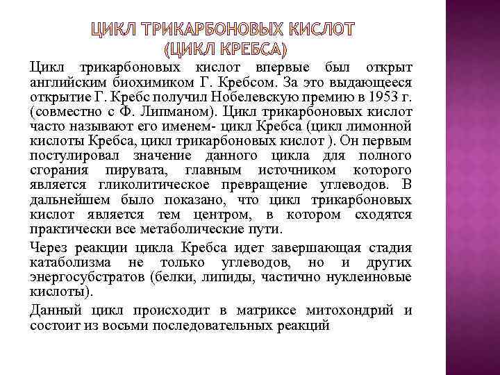 Цикл трикарбоновых кислот впервые был открыт английским биохимиком Г. Кребсом. За это выдающееся открытие