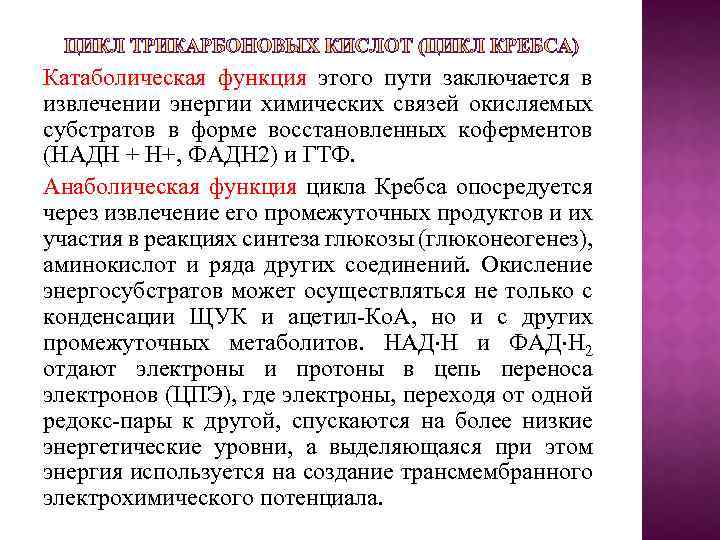 Катаболическая функция этого пути заключается в извлечении энергии химических связей окисляемых субстратов в форме