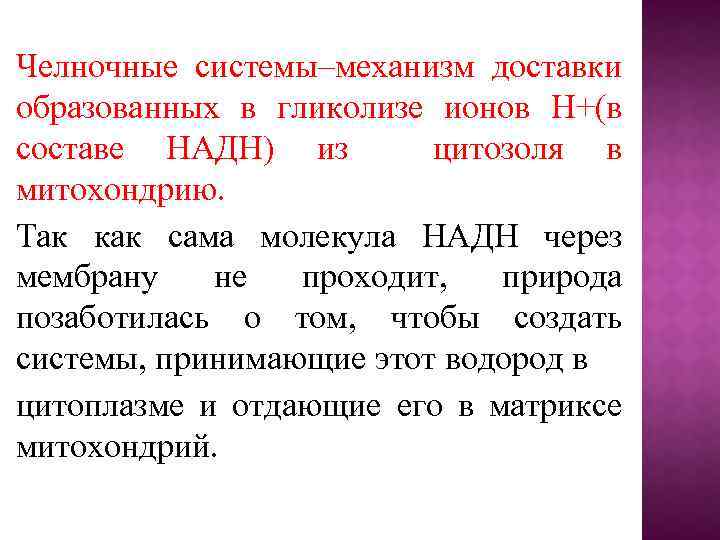Челночные системы–механизм доставки образованных в гликолизе ионов Н+(в составе НАДН) из цитозоля в митохондрию.