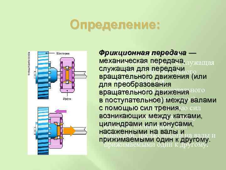 Определение: Фрикционнаяпередача — Фрикционная передача — механическая передача, служащая для передачи вращательного движения (или