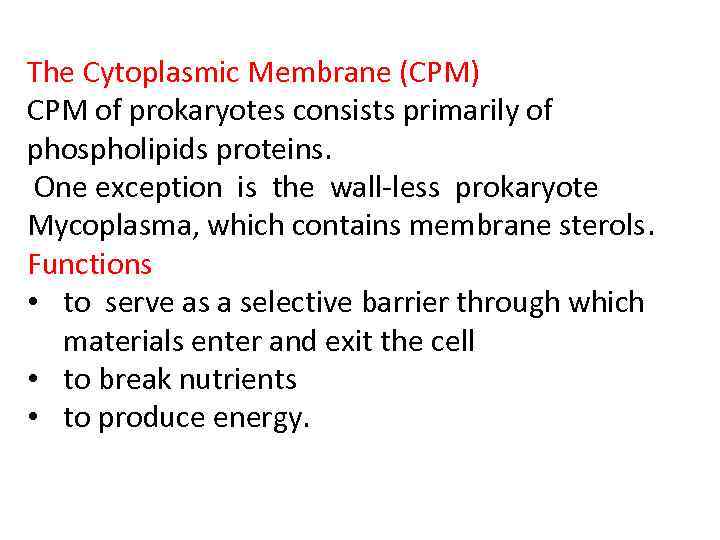 The Cytoplasmic Membrane (CPM) CPM of prokaryotes consists primarily of phospholipids proteins. One exception