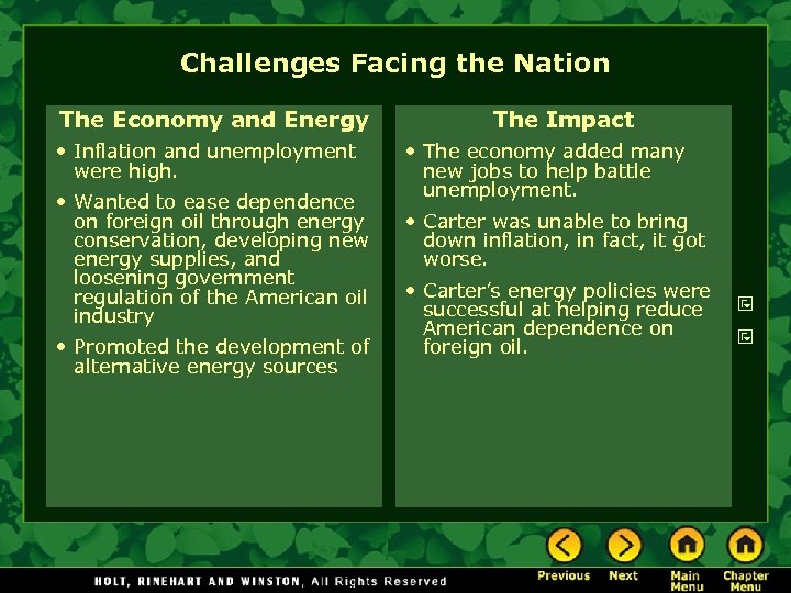 Challenges Facing the Nation The Economy and Energy • Inflation and unemployment were high.