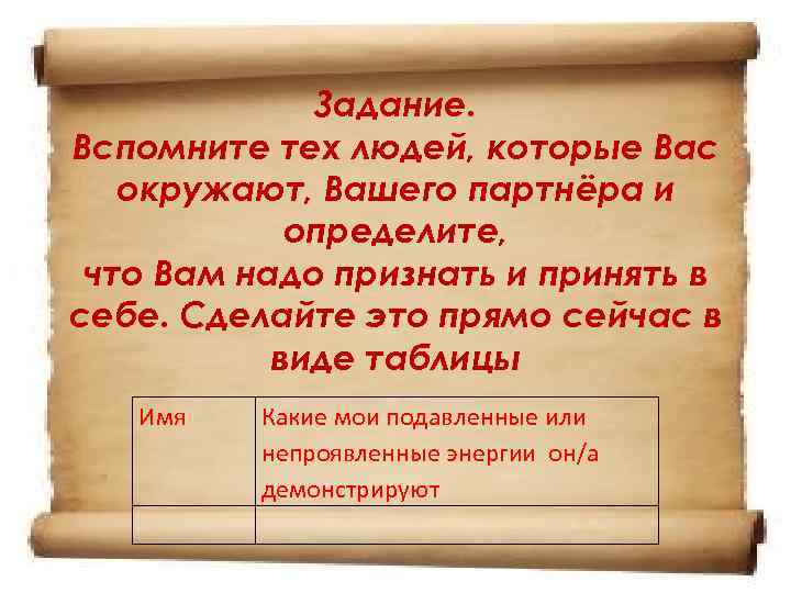 Задание. Вспомните тех людей, которые Вас окружают, Вашего партнёра и определите, что Вам надо